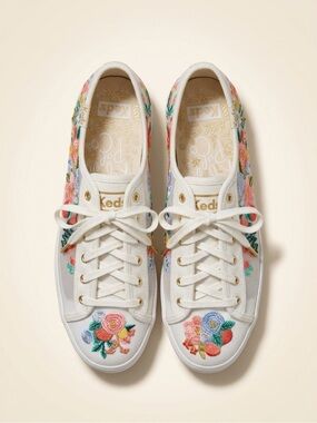 BRAND NEW Keds Women’s White Canvas Sneakers with Multicolor Floral Embroidery